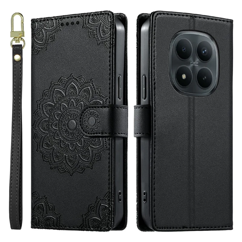 For Xiaomi Redmi Note 15 Pro 4G (Global) Case Embossed Totem Leather Flip Wallet Phone Cover with Wrist Strap - Black