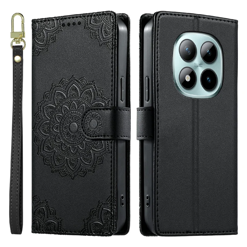 For Xiaomi Redmi Note 15 Pro+ 5G (Global)  /  Poco M8 Pro 5G Case Embossed Totem Leather Flip Wallet Phone Cover with Wrist Strap - Black