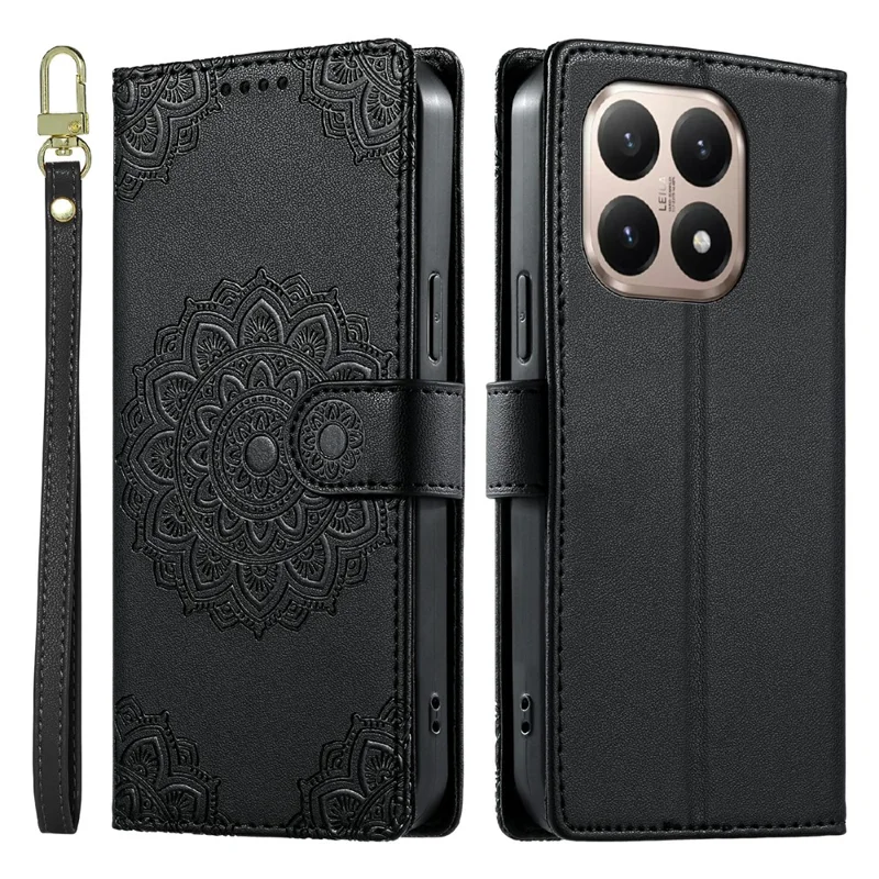 For Xiaomi 15T Case Embossed Totem Leather Flip Wallet Phone Cover with Wrist Strap - Black