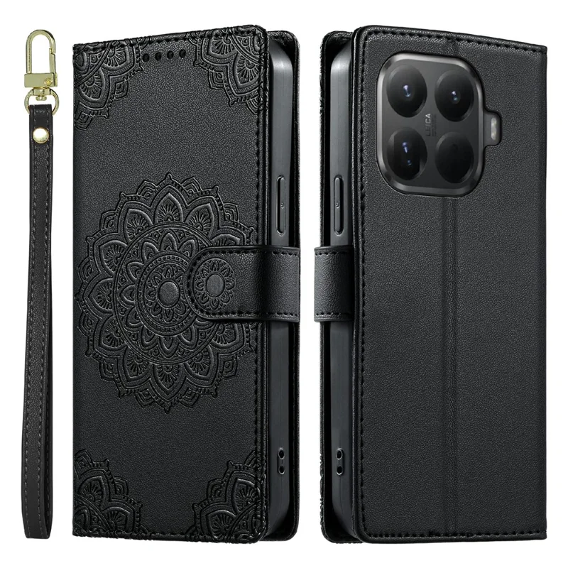 For Xiaomi 15T Pro Case Embossed Totem Leather Flip Wallet Phone Cover with Wrist Strap - Black