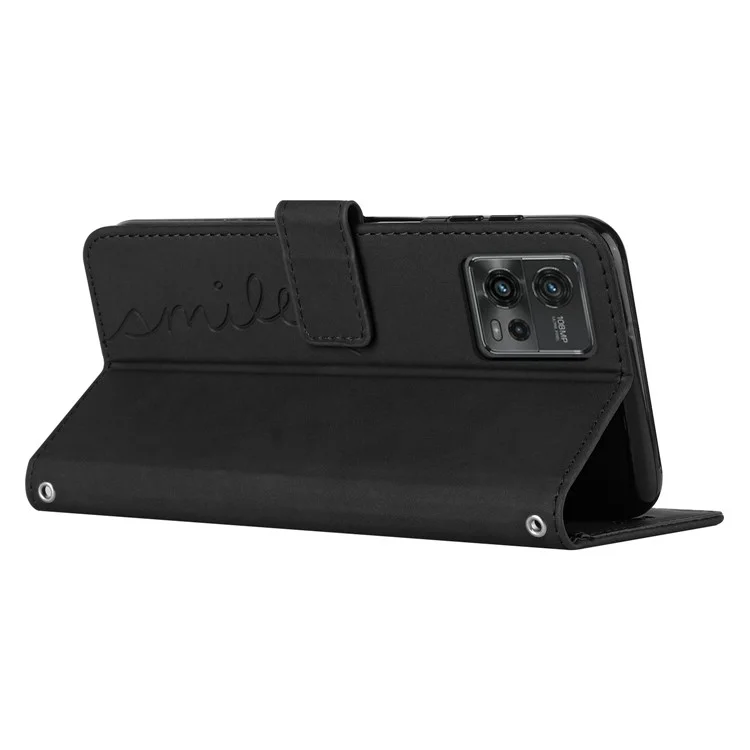 For Motorola Moto G72 4G Skin-touch Flip Wallet Case Imprinted Heart Shape PU Leather Stand Full Body Folio Protective Phone Cover with Shoulder Strap - Black
