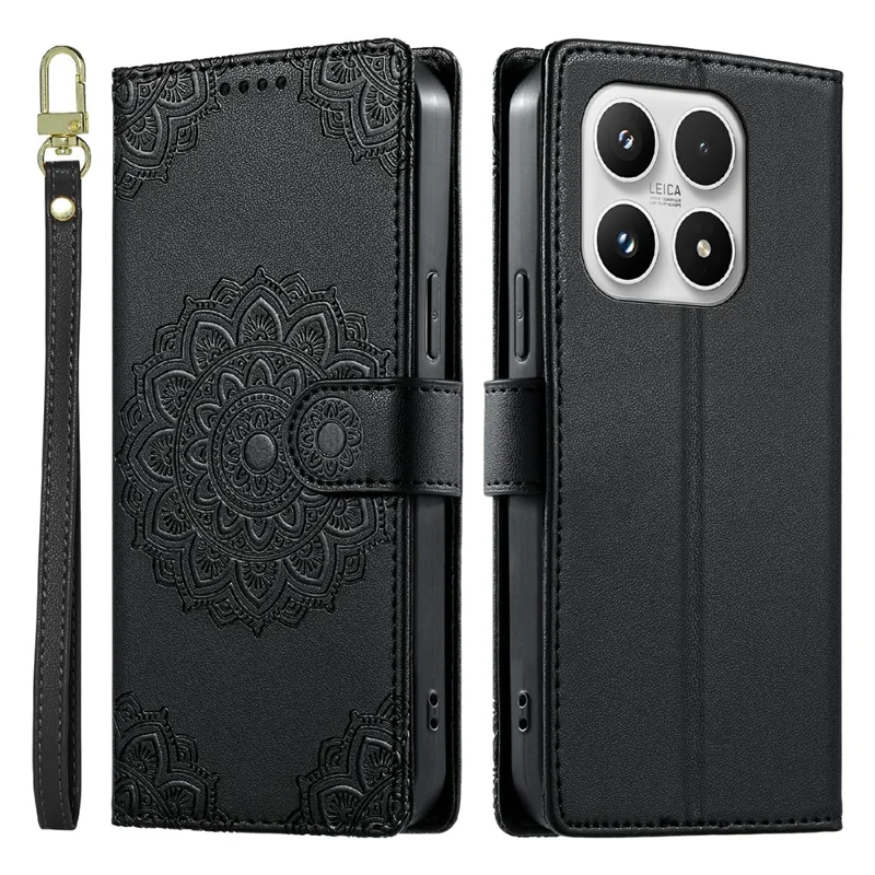 For Xiaomi 17 Case Embossed Totem Leather Flip Wallet Phone Cover with Wrist Strap - Black