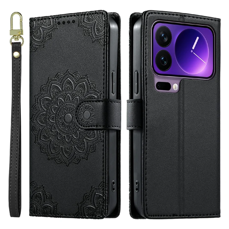For Xiaomi 17 Pro Case Embossed Totem Leather Flip Wallet Phone Cover with Wrist Strap - Black