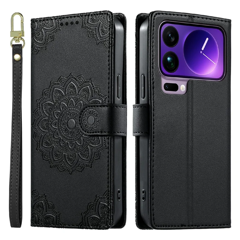 For Xiaomi 17 Pro Max Case Embossed Totem Leather Flip Wallet Phone Cover with Wrist Strap - Black