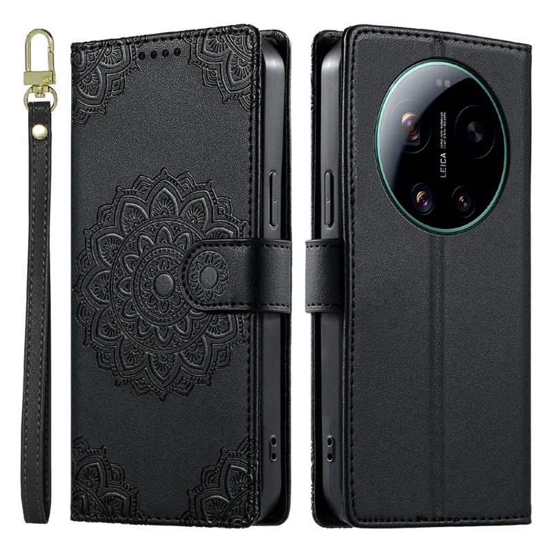 For Xiaomi 17 Ultra 5G Case Embossed Totem Leather Flip Wallet Phone Cover with Wrist Strap - Black
