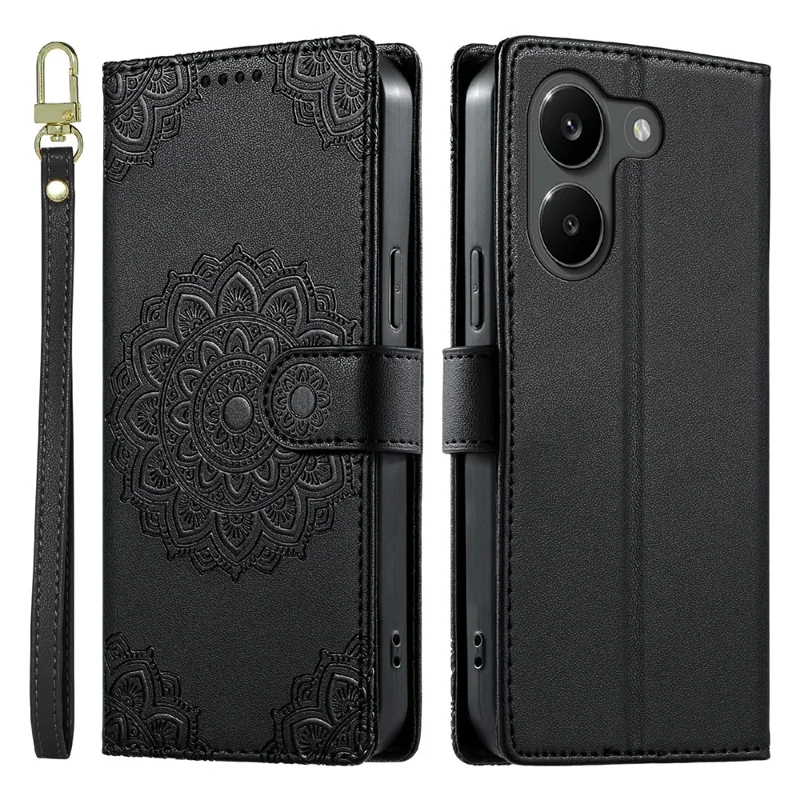 For Xiaomi Poco X8 Pro 5G Case Embossed Totem Leather Flip Wallet Phone Cover with Wrist Strap - Black