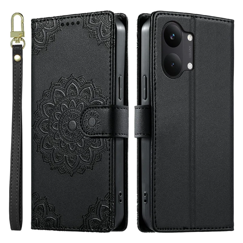 For Xiaomi Poco X8 Pro Max 5G Case Embossed Totem Leather Flip Wallet Phone Cover with Wrist Strap - Black
