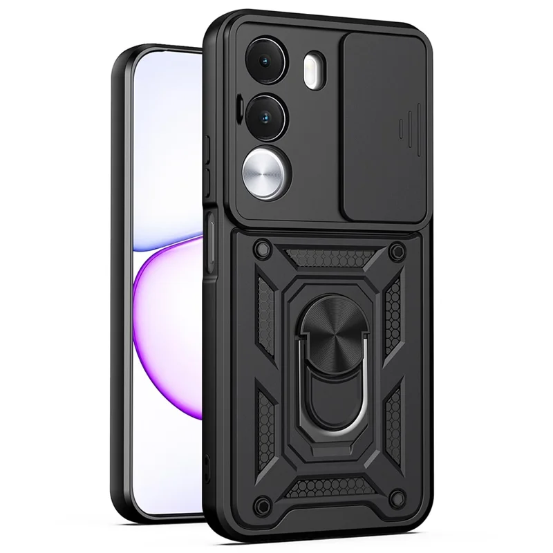 Capa para Realme C100 4G / C100i 4G com Tampa de Câmara Deslizante, Capa com Suporte PC + TPU - Preto