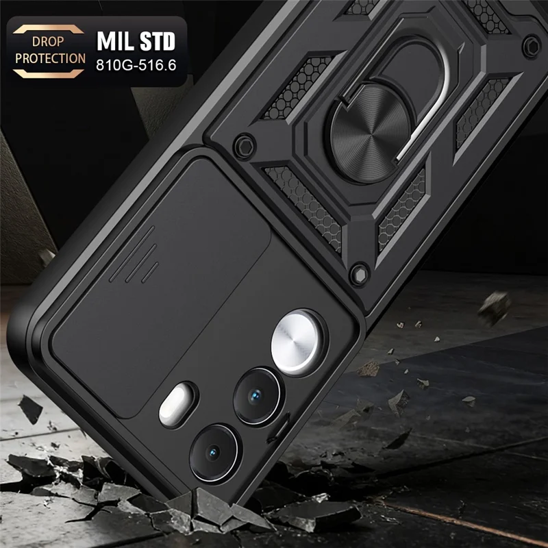 Capa para Realme C100 4G / C100i 4G com Tampa de Câmara Deslizante, Capa com Suporte PC + TPU - Preto