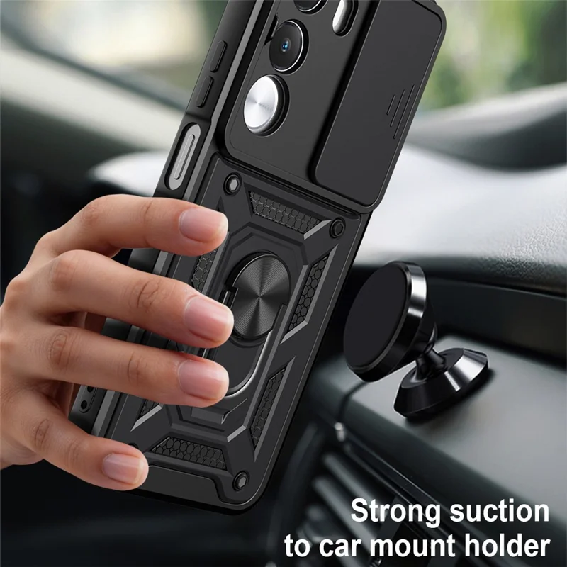 Capa para Realme C100 4G / C100i 4G com Tampa de Câmara Deslizante, Capa com Suporte PC + TPU - Preto