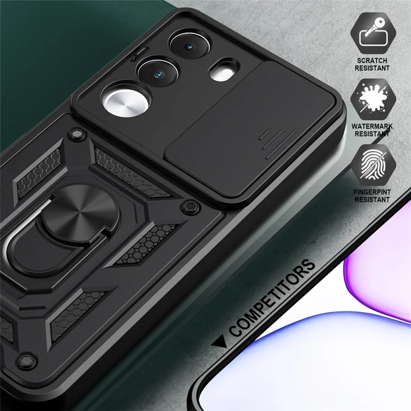 Capa para Realme C100 4G / C100i 4G com Tampa de Câmara Deslizante, Capa com Suporte PC + TPU - Preto