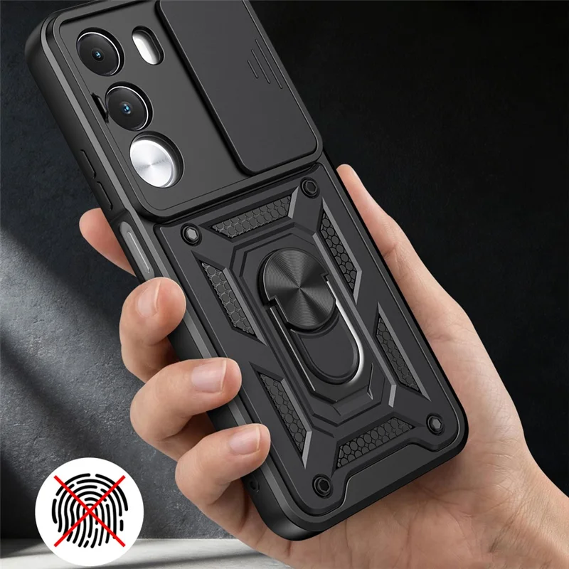 Capa para Realme C100 4G / C100i 4G com Tampa de Câmara Deslizante, Capa com Suporte PC + TPU - Preto