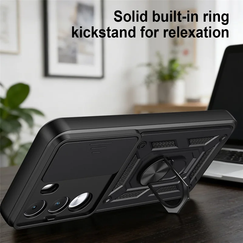 Capa para Realme C100 4G / C100i 4G com Tampa de Câmara Deslizante, Capa com Suporte PC + TPU - Preto