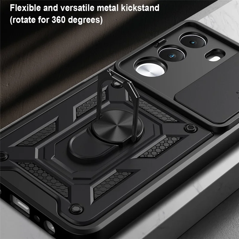 Capa para Realme C100 4G / C100i 4G com Tampa de Câmara Deslizante, Capa com Suporte PC + TPU - Preto