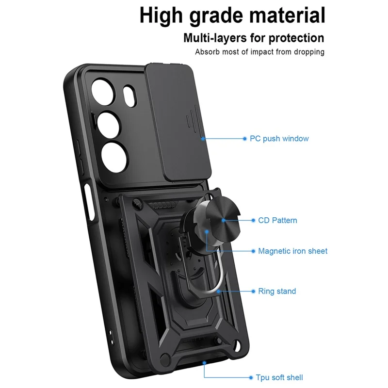 Capa para Realme C100 4G / C100i 4G com Tampa de Câmara Deslizante, Capa com Suporte PC + TPU - Preto