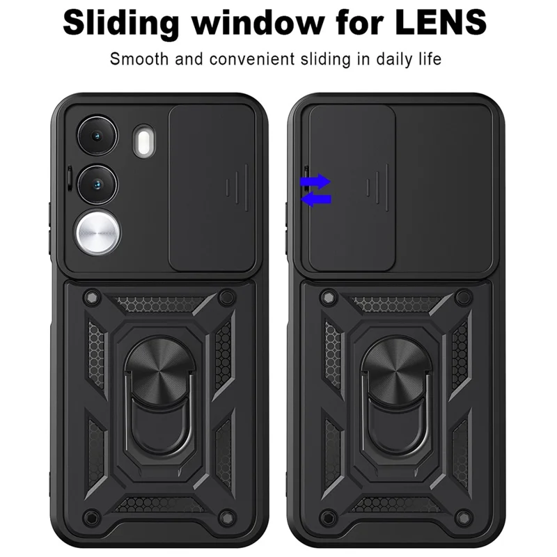 Capa para Realme C100 4G / C100i 4G com Tampa de Câmara Deslizante, Capa com Suporte PC + TPU - Preto
