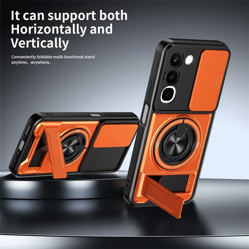 Magnetic Case For Realme C100 4G Ring Holder Foldable Kickstand TPU PC Phone Cover with Camera Lens Slider - Orange
