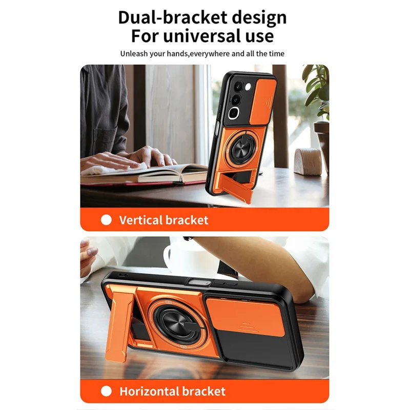 Magnetic Case For Realme C100 4G Ring Holder Foldable Kickstand TPU PC Phone Cover with Camera Lens Slider - Orange