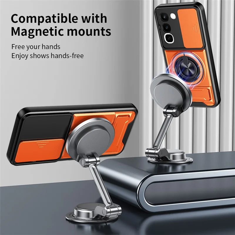 Magnetic Case For Realme C100 4G Ring Holder Foldable Kickstand TPU PC Phone Cover with Camera Lens Slider - Orange