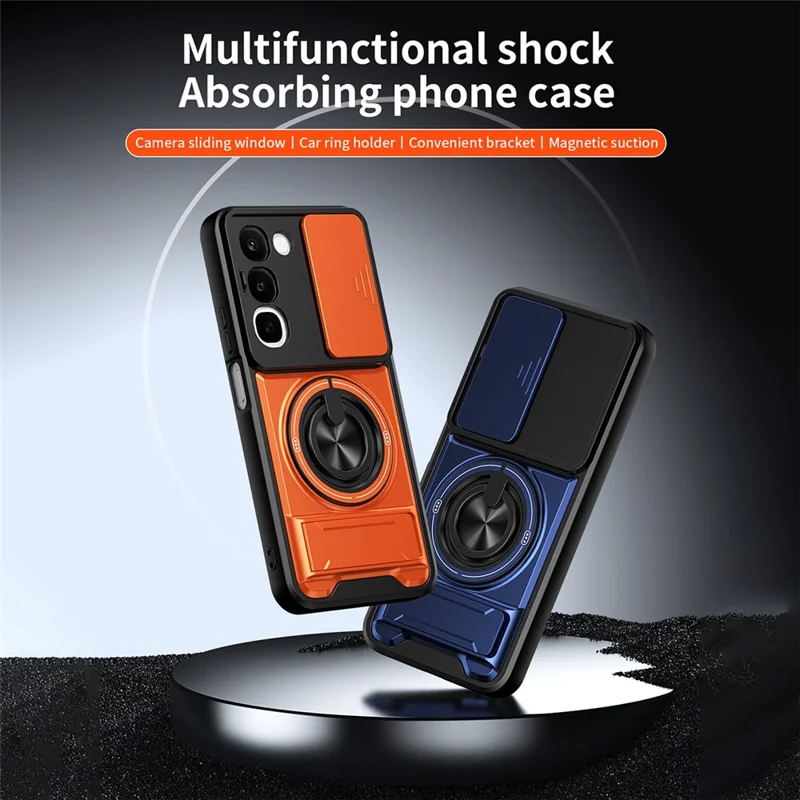 Magnetic Case For Realme C100 4G Ring Holder Foldable Kickstand TPU PC Phone Cover with Camera Lens Slider - Orange