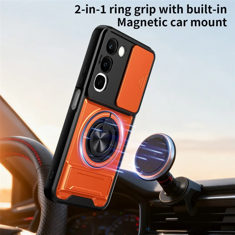 Magnetic Case For Realme C100 4G Ring Holder Foldable Kickstand TPU PC Phone Cover with Camera Lens Slider - Orange