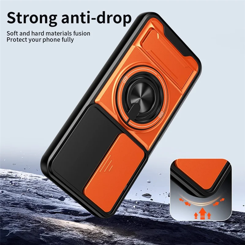 Magnetic Case For Realme C100 4G Ring Holder Foldable Kickstand TPU PC Phone Cover with Camera Lens Slider - Orange