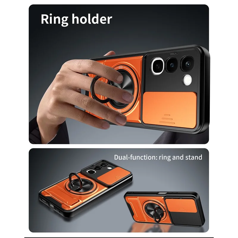 Magnetic Case For Realme C100 4G Ring Holder Foldable Kickstand TPU PC Phone Cover with Camera Lens Slider - Orange