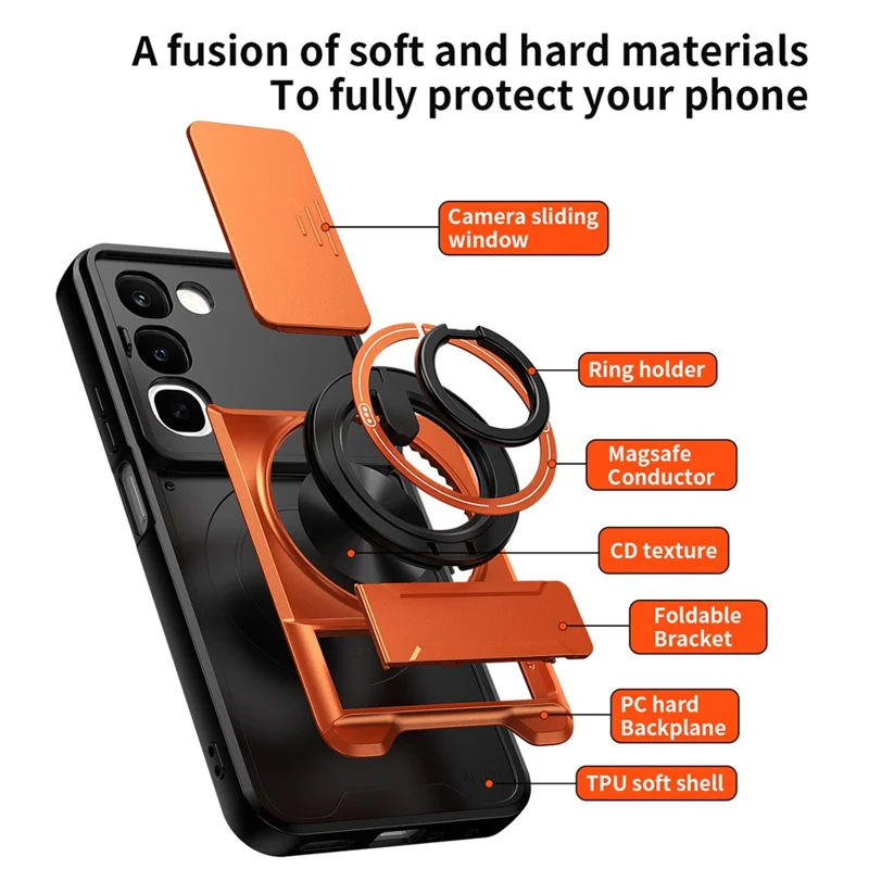 Magnetic Case For Realme C100 4G Ring Holder Foldable Kickstand TPU PC Phone Cover with Camera Lens Slider - Orange