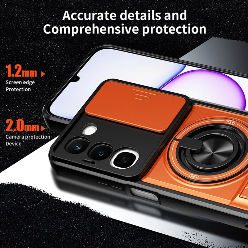 Magnetic Case For Realme C100 4G Ring Holder Foldable Kickstand TPU PC Phone Cover with Camera Lens Slider - Orange