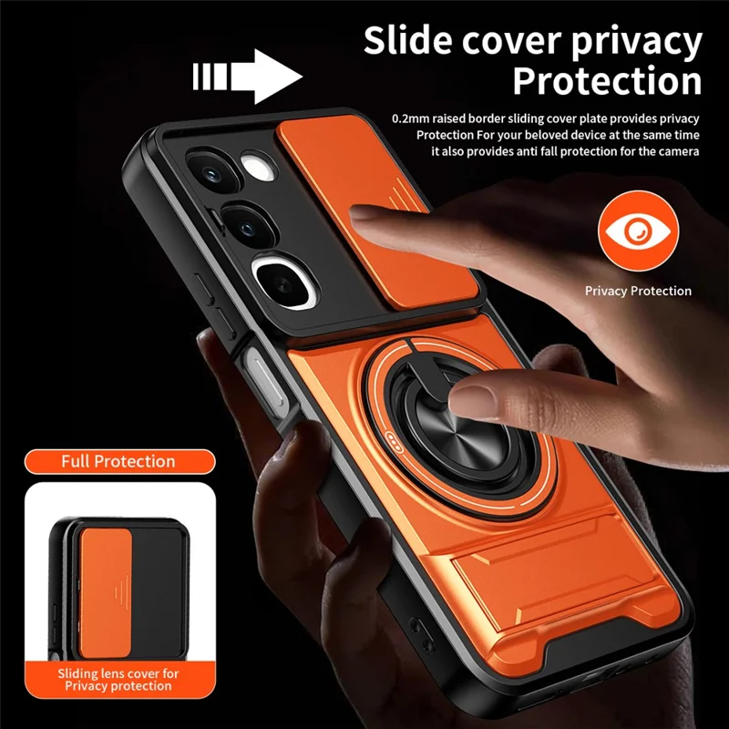 Magnetic Case For Realme C100 4G Ring Holder Foldable Kickstand TPU PC Phone Cover with Camera Lens Slider - Orange