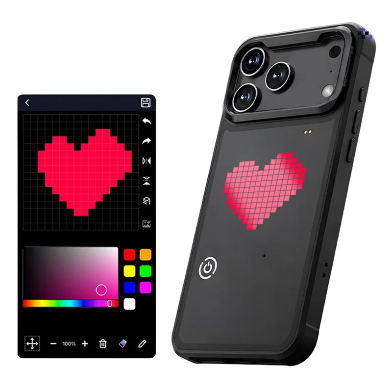 For iPhone 17 Pro Max Glowing Pixel Case Bluetooth-compatible LED Display Custom Animation Phone Cover with Kickstand - Black