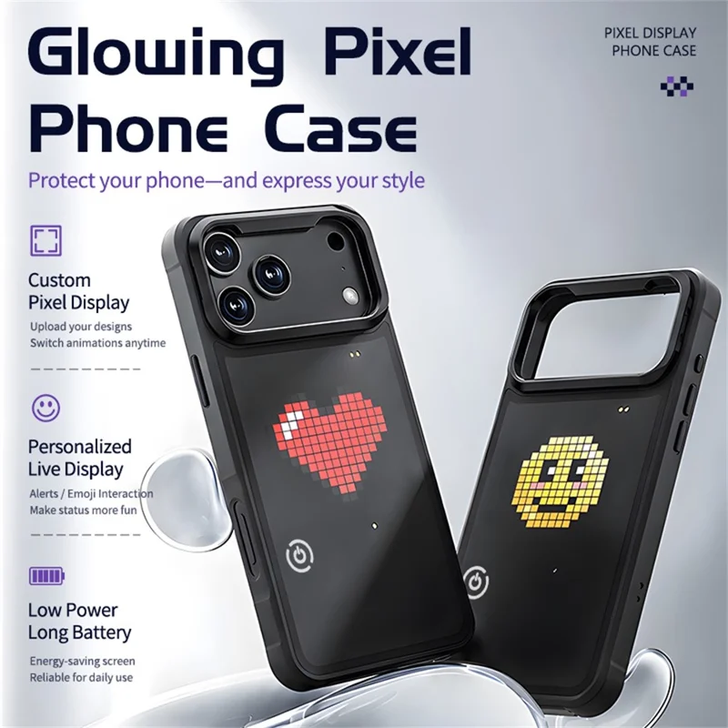 For iPhone 17 Pro Max Glowing Pixel Case Bluetooth-compatible LED Display Custom Animation Phone Cover with Kickstand - Black
