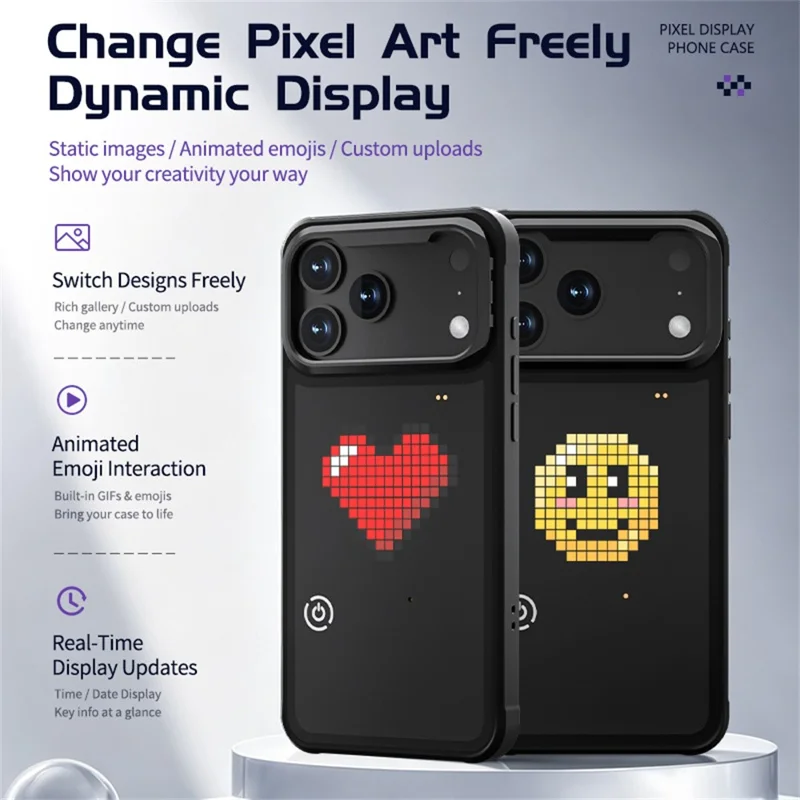 For iPhone 17 Pro Glowing Pixel Case Bluetooth-compatible LED Display Custom Animation Phone Cover with Kickstand - Black