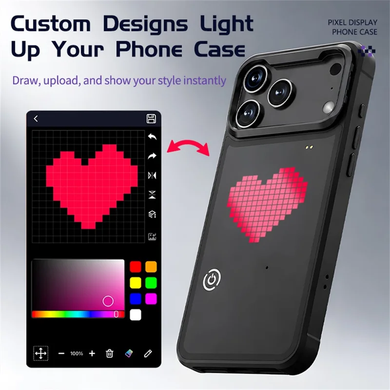 For iPhone 17 Pro Glowing Pixel Case Bluetooth-compatible LED Display Custom Animation Phone Cover with Kickstand - Black
