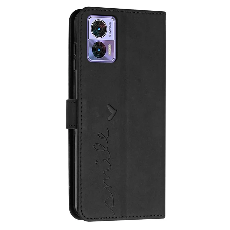 For Motorola Edge 30 Neo 5G / Edge 30 Lite Skin-touch PU Leather Phone Flip Wallet Case Stand Imprinted Heart Shape Magnetic Scratch-resistant Phone Cover with Strap - Black