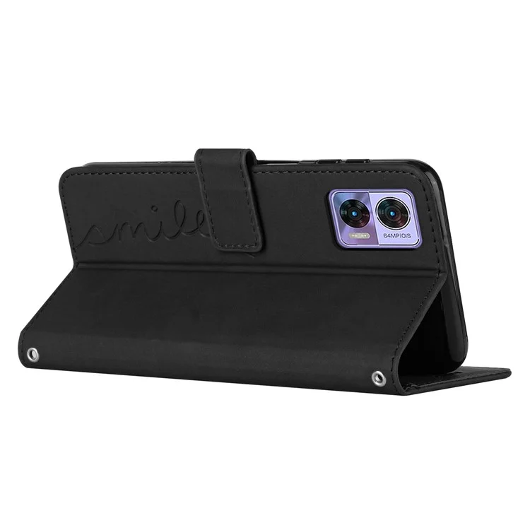 For Motorola Edge 30 Neo 5G / Edge 30 Lite Skin-touch PU Leather Phone Flip Wallet Case Stand Imprinted Heart Shape Magnetic Scratch-resistant Phone Cover with Strap - Black