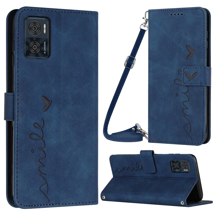 For Motorola Moto E22 4G / E22i 4G Imprinted Heart Shape PU Leather Magnetic Cover Stand Feature Skin-touch Feeling Wallet Phone Case with Shoulder Strap - Sapphire