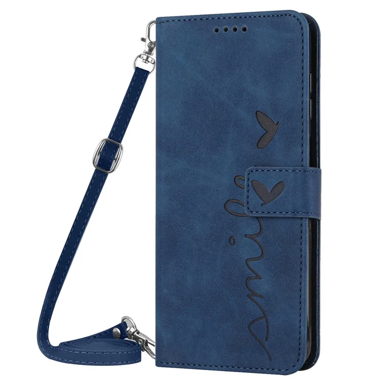 For Motorola Moto E22 4G / E22i 4G Imprinted Heart Shape PU Leather Magnetic Cover Stand Feature Skin-touch Feeling Wallet Phone Case with Shoulder Strap - Sapphire