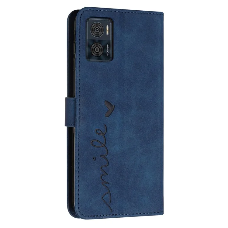 For Motorola Moto E22 4G / E22i 4G Imprinted Heart Shape PU Leather Magnetic Cover Stand Feature Skin-touch Feeling Wallet Phone Case with Shoulder Strap - Sapphire