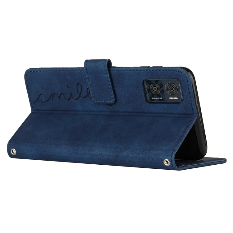 For Motorola Moto E22 4G / E22i 4G Imprinted Heart Shape PU Leather Magnetic Cover Stand Feature Skin-touch Feeling Wallet Phone Case with Shoulder Strap - Sapphire