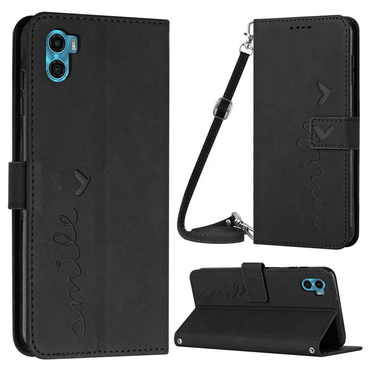 Pour Motorola Moto E22s 4G / E32 (inde) 4G Touch de Peau Sentille Magnétique Flip Cover Imprimé de Coeur Imprimé pu en Cuir Support Boîte de Téléphone Avec Bandoulière Avec Bandoulière - le Noir