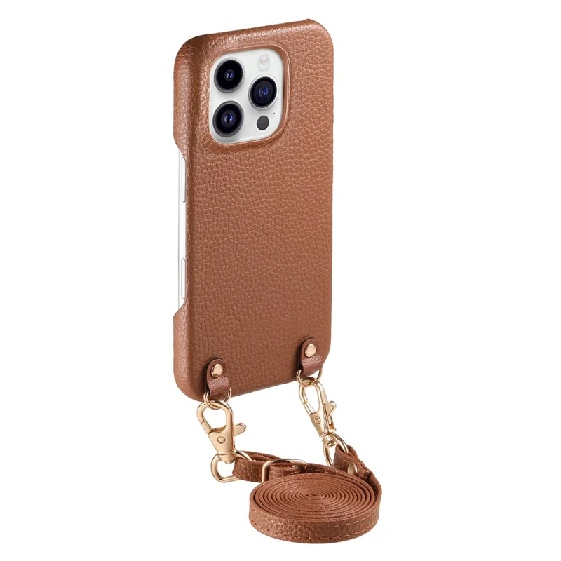 For iPhone 16 Pro Litchi Pattern Case with Lanyard Shockproof PC PU Leather Cover - Brown