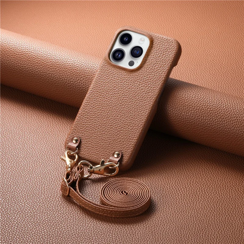 For iPhone 16 Pro Litchi Pattern Case with Lanyard Shockproof PC PU Leather Cover - Brown