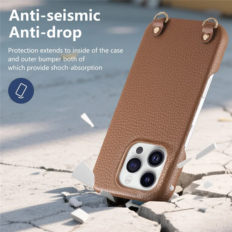 For iPhone 16 Pro Max Litchi Pattern Case with Lanyard Shockproof PC PU Leather Cover - Brown