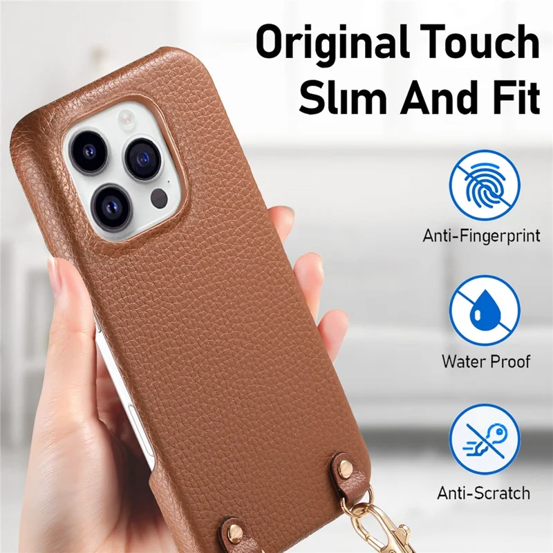 For iPhone 16 Pro Max Litchi Pattern Case with Lanyard Shockproof PC PU Leather Cover - Brown
