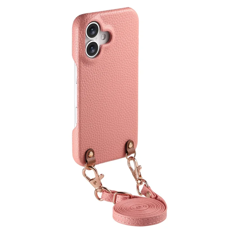 For iPhone 17 Litchi Pattern Case with Lanyard Shockproof PC PU Leather Cover - Pink