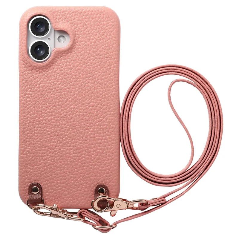 For iPhone 16 Litchi Pattern Case with Lanyard Shockproof PC PU Leather Cover -  Pink
