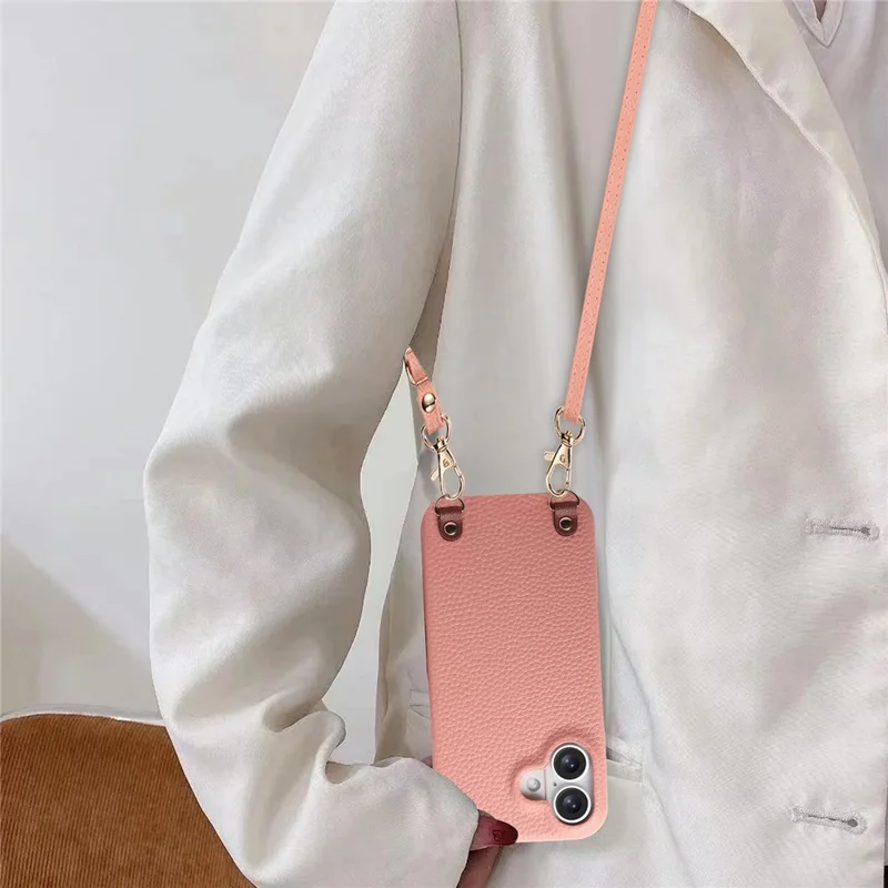 For iPhone 16 Litchi Pattern Case with Lanyard Shockproof PC PU Leather Cover -  Pink