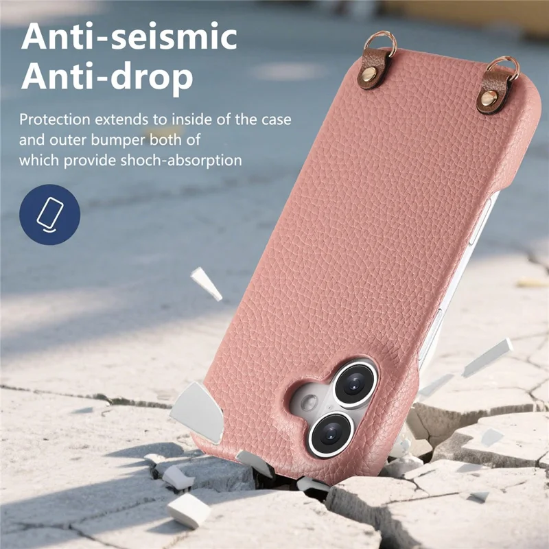 For iPhone 16 Litchi Pattern Case with Lanyard Shockproof PC PU Leather Cover -  Pink