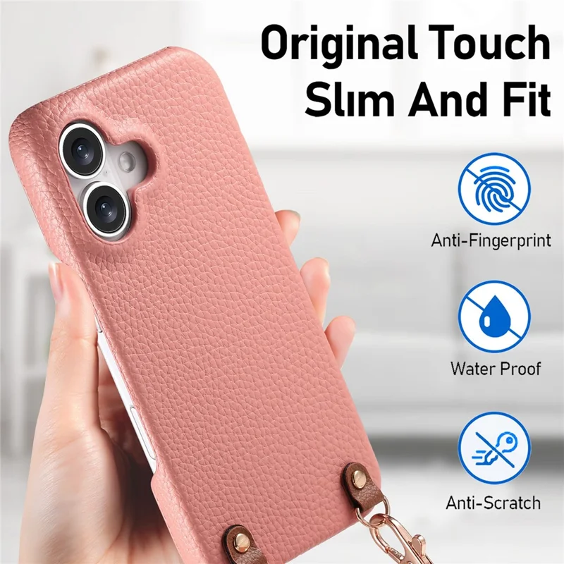 For iPhone 16 Litchi Pattern Case with Lanyard Shockproof PC PU Leather Cover -  Pink